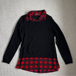 Adrianna Papell Black Sweater with Red Plaid Layering